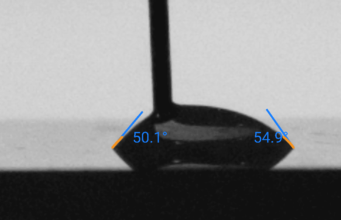 Sessile drop contact angle measurement: DI Water on Nylon, left contact angle 50.1°, right 54.9°
